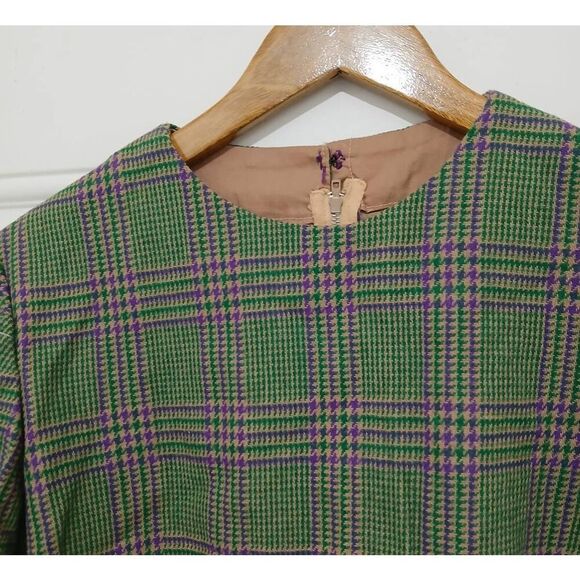 Handmade vintage womens small houndstooth wool plaid green purple shirt top - Picture 2 of 7